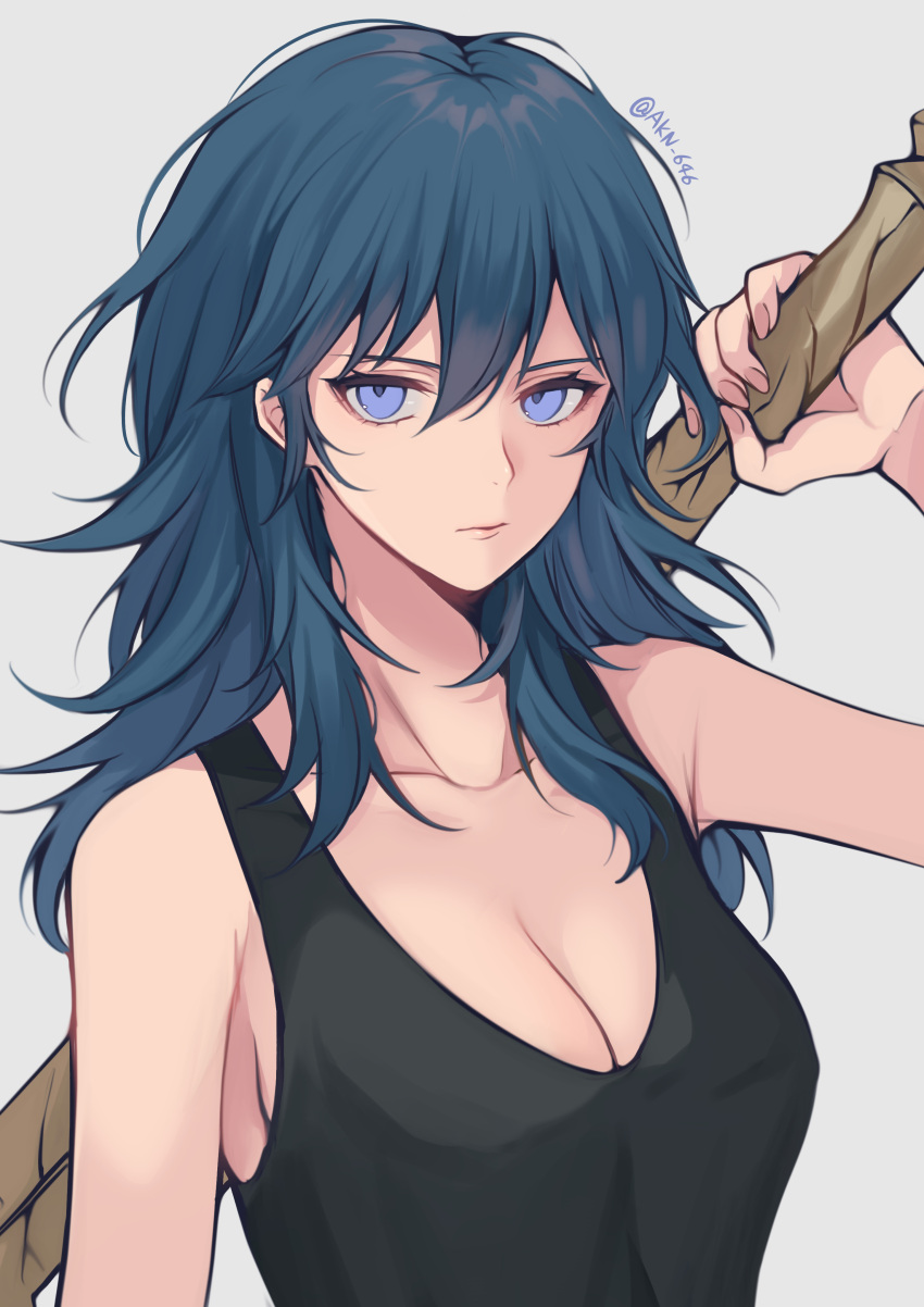 1girl absurdres bangs banned_artist bare_shoulders black_tank_top blue_eyes blue_hair breasts byleth_(fire_emblem) byleth_eisner_(female) collarbone commentary_request fire_emblem fire_emblem:_three_houses grey_background hair_between_eyes highres large_breasts long_hair looking_at_viewer shimizu_akina simple_background solo tank_top upper_body