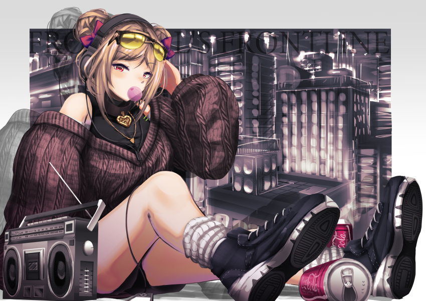 1girl absurdres black_footwear boombox brown_sleeves brown_sweater bubble_blowing can chewing_gum detached_sleeves double_bun eyebrows_visible_through_hair eyewear_on_head girls_frontline highres light_brown_hair long_sleeves loose_socks p90_(girls'_frontline) radio red_eyes shoes sister_is_mine9 sitting sneakers solo speaker stereo sunglasses sweater tinted_eyewear white_legwear yellow-tinted_eyewear