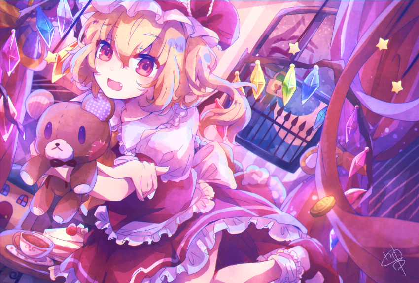 1girl :d blonde_hair blush bobby_socks bow cake cake_slice collared_shirt commentary cowboy_shot crescent_moon crossed_arms crystal cup curtains eyebrows_visible_through_hair fang fence flandre_scarlet food frilled_shirt_collar frilled_skirt frills hair_between_eyes hat hat_bow highres holding holding_stuffed_toy indoors leg_up lock looking_at_viewer mary_janes medium_hair mob_cap moon open_mouth plate puffy_short_sleeves puffy_sleeves rajyar red_bow red_eyes red_footwear red_skirt red_vest saucer shirt shoes short_sleeves side_ponytail signature skirt skirt_set smile socks solo star_(sky) star_(symbol) stuffed_animal stuffed_toy table tea teacup teddy_bear touhou vest waist_bow white_bow white_headwear white_legwear white_shirt window wings