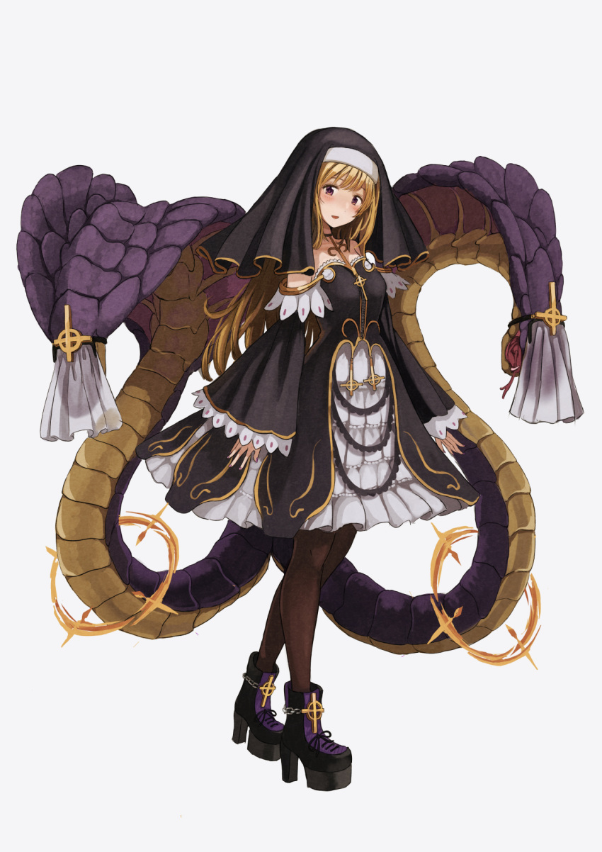 159cm 1girl ankle_boots arms_at_sides bangs blonde_hair boots breasts cobra_(animal) dress full_body grey_background habit highres looking_at_viewer nun open_mouth original pantyhose small_breasts snake solo standing veil violet_eyes