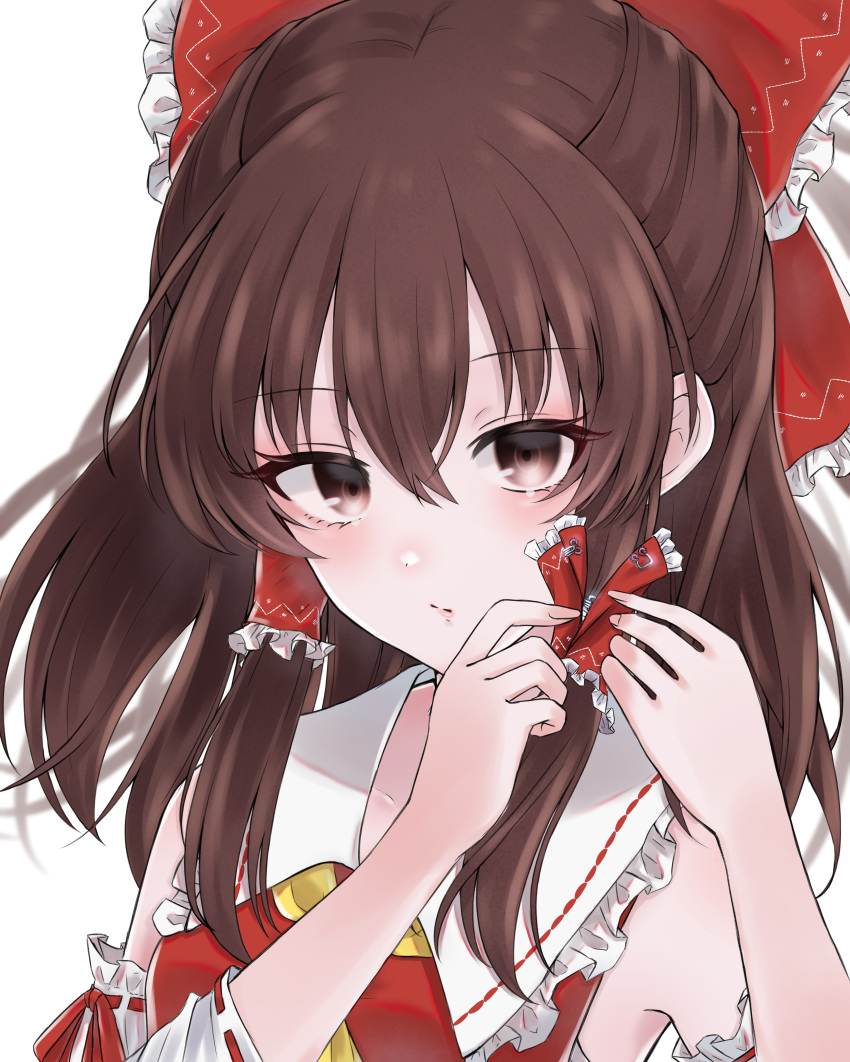 1girl absurdres bangs bow brown_eyes brown_hair closed_mouth detached_sleeves eyebrows_visible_through_hair frilled_bow frilled_hair_tubes frills hair_between_eyes hair_bow hair_tubes hakurei_reimu highres long_hair long_sleeves neckerchief red_bow red_shirt ribbon-trimmed_sleeves ribbon_trim shirt sleeveless sleeveless_shirt solo tadenya_kodomo touhou tying_hair upper_body white_sleeves yellow_neckerchief