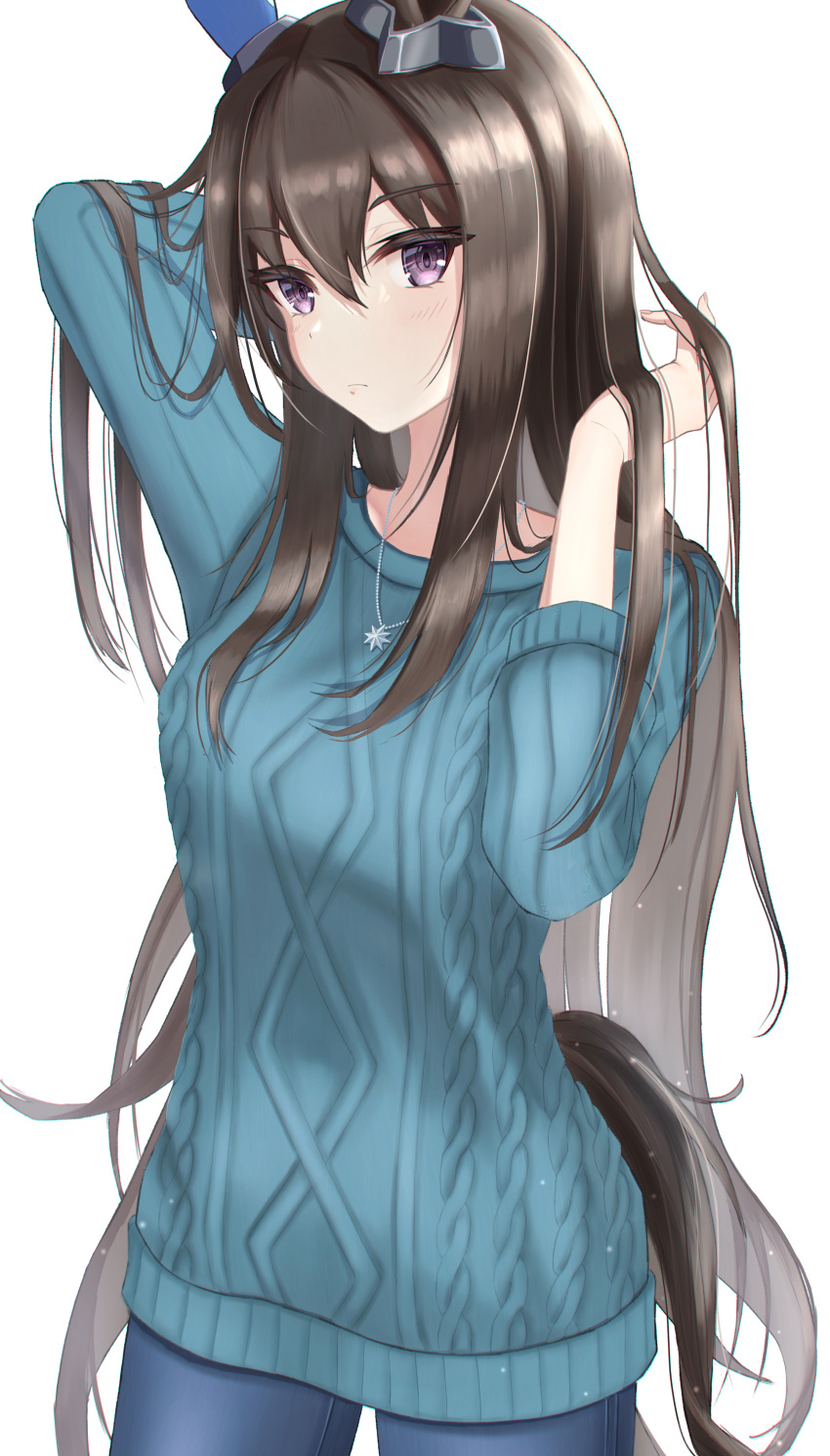 1girl absurdres admire_vega_(umamusume) alternate_hairstyle animal_ears arm_behind_head arm_up bangs blue_sweater cowboy cowboy_western ear_covers hair_down hand_in_own_hair hand_up highres horse_ears horse_girl horse_tail jewelry long_hair long_sleeves mu-to necklace pants simple_background single_ear_cover solo sweater tail umamusume very_long_hair violet_eyes white_background