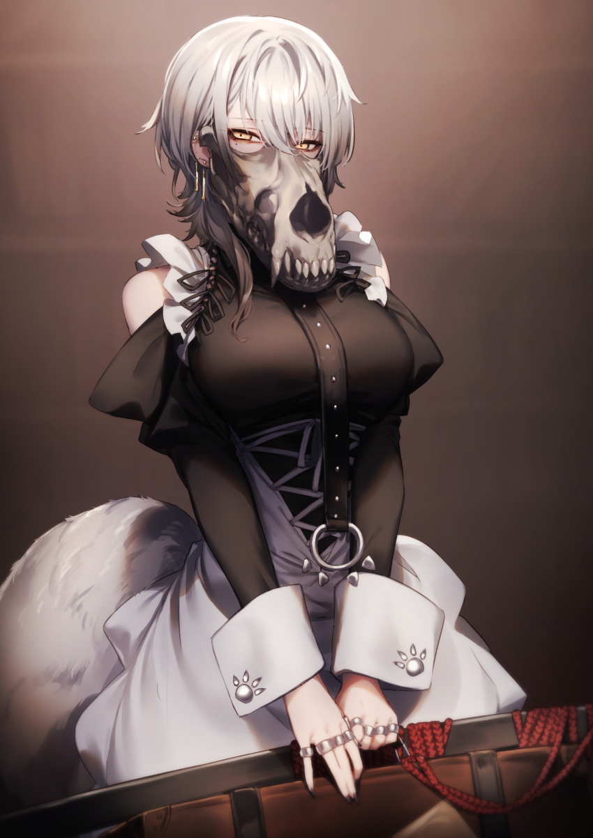 1girl animal_skull apron breasts brown_background ear_piercing earrings genyaky grey_hair hair_between_eyes highres holding jewelry large_breasts long_sleeves looking_at_viewer maid maid_apron mask mole mole_under_eye multiple_rings original piercing ring short_hair signature solo standing tail thumb_ring white_apron yellow_eyes