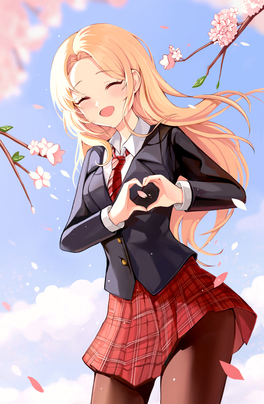 1girl absurdres blonde_hair blush breasts brown_legwear cherry_blossoms closed_eyes formal heart heart_hands highres long_hair looking_at_viewer necktie original pant_suit pantyhose plaid plaid_skirt pleated_skirt red_necktie skirt smile solo suit zipgaemi