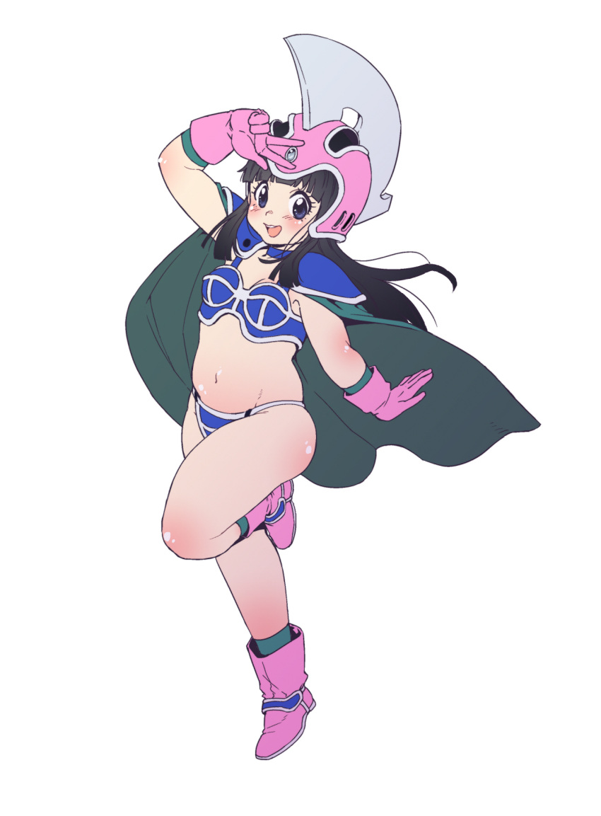 1girl :d arm_up armor bangs bikini_armor black_hair blunt_bangs blush cape chi-chi_(dragon_ball) commentary_request dragon_ball dragon_ball_(classic) full_body gloves grancid helmet highres long_hair navel open_mouth pink_footwear pink_gloves pink_headwear pose simple_background smile solo w white_background