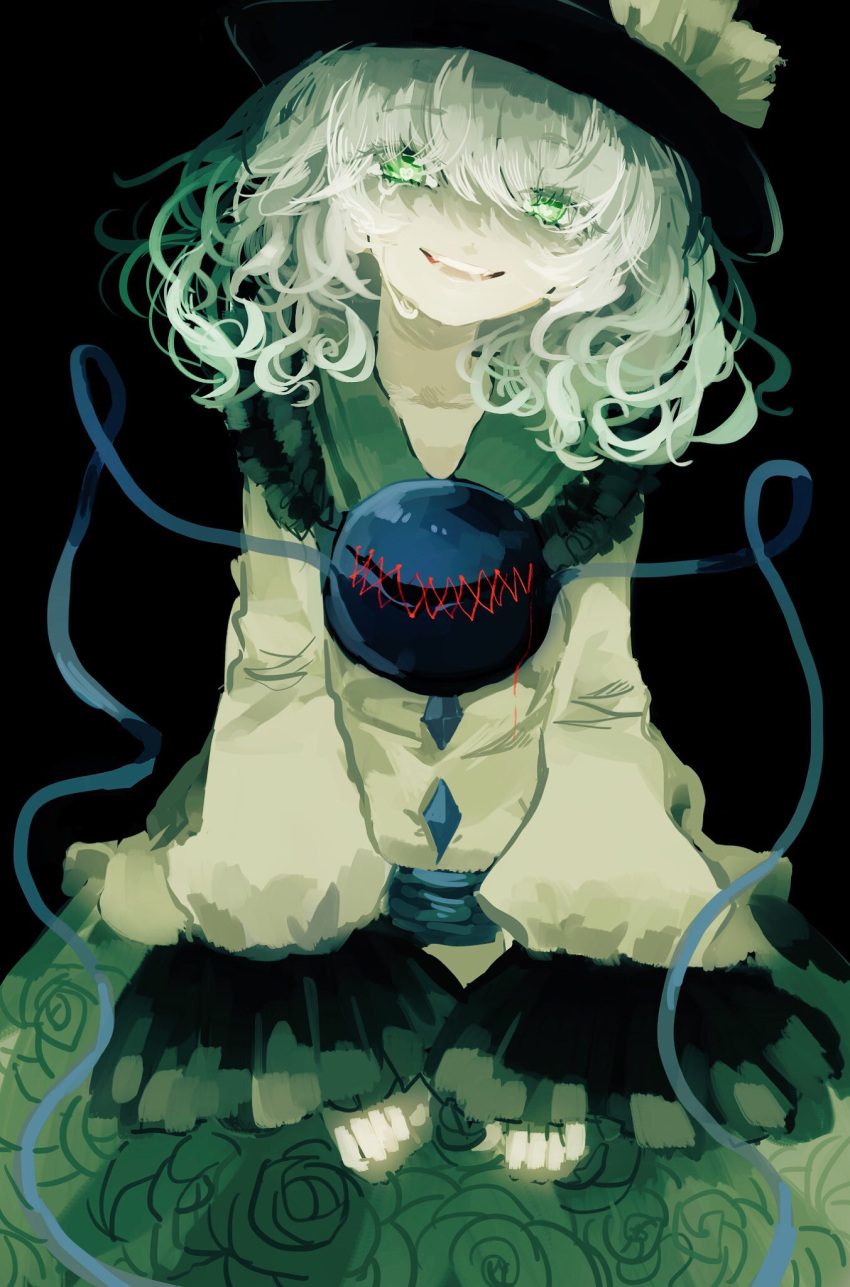 1girl :d arms_at_sides ayame_(no_ohana) bangs black_background black_headwear blouse buttons commentary cowboy_shot crying crying_with_eyes_open diamond_button eyebrows_visible_through_hair eyes_visible_through_hair floral_print frilled_shirt_collar frilled_sleeves frills green_eyes green_hair green_skirt hair_over_eyes hat hat_ribbon heart heart_in_eye highres komeiji_koishi long_sleeves looking_at_viewer medium_hair open_mouth ribbon rose_print simple_background skirt smile solo stitches symbol_in_eye tears teeth third_eye touhou upper_teeth wavy_hair wide_sleeves yellow_blouse yellow_ribbon