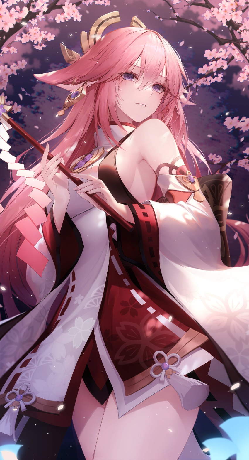 1girl absurdres bangs bare_shoulders breasts cherry_blossoms chyopeuteu closed_mouth cowboy_shot detached_sleeves eyebrows_visible_through_hair from_below genshin_impact hair_between_eyes hair_ornament hair_stick highres holding japanese_clothes jewelry kimono long_hair looking_at_viewer outdoors petals pink_hair pointy_ears solo standing tree very_long_hair violet_eyes wide_sleeves yae_miko