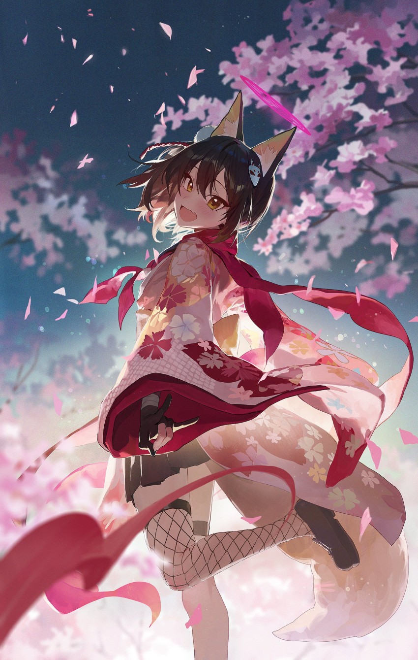 1girl \n/ animal_ears asymmetrical_legwear bangs blue_archive blush brown_eyes brown_hair cherry_blossoms fang foreshortening fox_ears fox_girl fox_mask fox_tail gloves hair_ornament halo highres izuna_(blue_archive) japanese_clothes kimono leg_up loafers looking_at_viewer mask miniskirt modare ninja open_mouth outdoors partially_fingerless_gloves scarf shoes short_hair single_fishnet_legwear single_thighhigh skirt smile solo tail thigh-highs thigh_strap underlighting