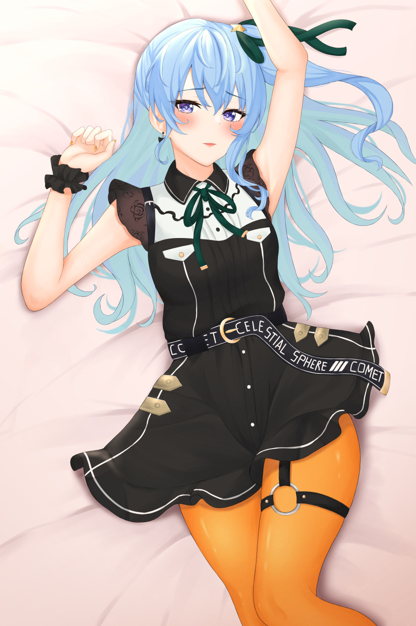 1girl absurdres arm_up bangs bed_sheet belt black_belt black_dress blue_eyes blue_hair blush bow bow_earrings breasts collared_dress colored_inner_hair dress earrings eyebrows_visible_through_hair green_hair green_ribbon hair_between_eyes hair_ribbon highres hololive hoshimachi_suisei jewelry lace lace_sleeves long_hair looking_at_viewer lying medium_hair multicolored_hair nail_polish neck_ribbon o-ring o-ring_legwear on_back one_side_up open_mouth orange_legwear orange_nails pantyhose ribbon shinigami_kiraki short_dress short_sleeves side_ponytail solo star_(symbol) star_in_eye symbol_in_eye thigh_strap thighs virtual_youtuber wrist_cuffs