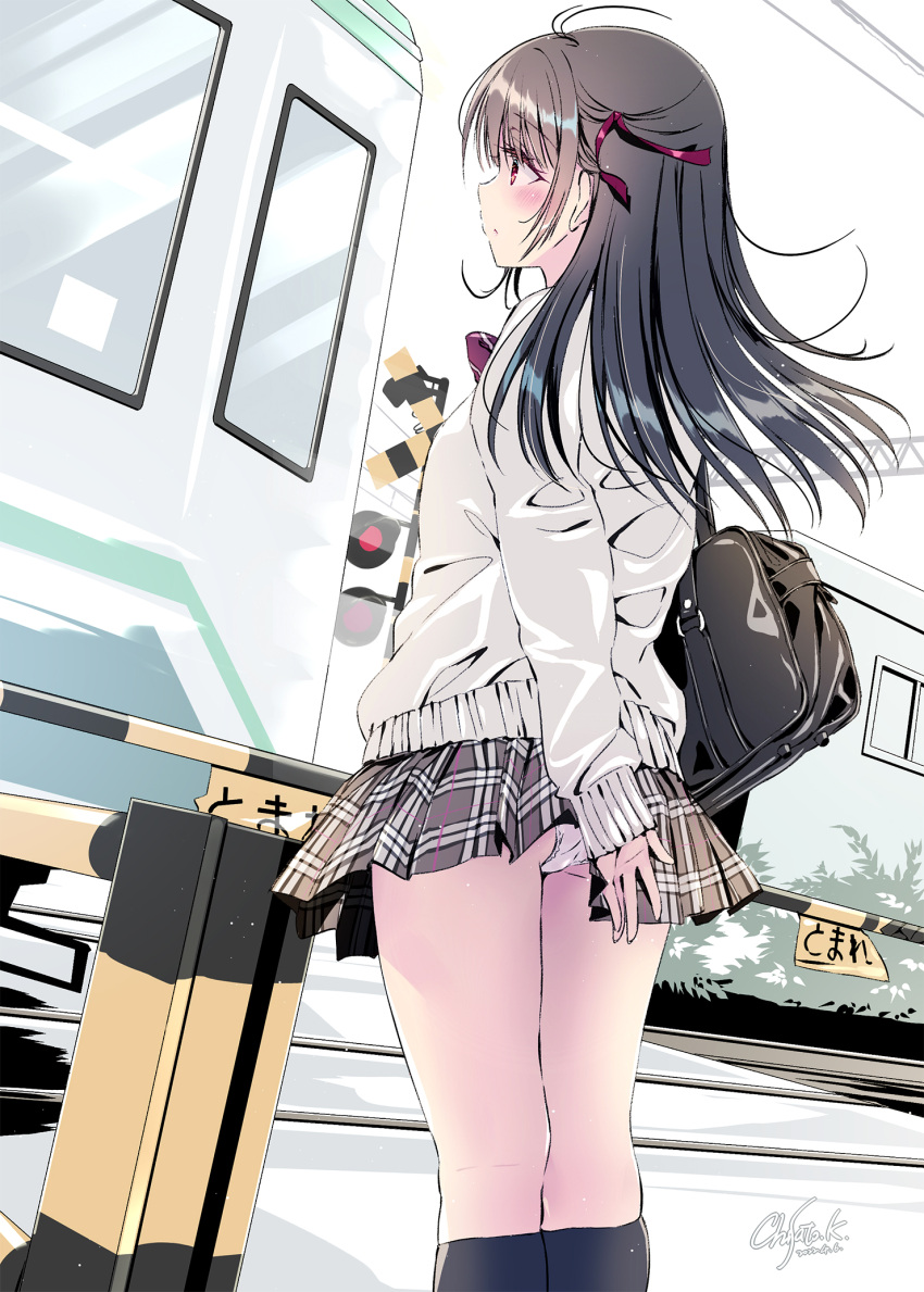 1girl arm_behind_back bag bangs black_legwear blush bow bowtie breasts brown_hair brown_skirt carrying_bag closed_mouth commentary_request cowboy_shot facing_away floating_clothes floating_hair ground_vehicle hair_over_eyes hair_ribbon highres holding holding_clothes holding_skirt kneehighs kobayashi_chisato long_hair long_sleeves miniskirt original panties pantyshot plaid plaid_skirt pleated_skirt railroad_crossing railroad_signal railroad_tracks red_bow red_bowtie red_eyes red_ribbon ribbon school_bag school_uniform skirt small_breasts solo standing striped striped_bow striped_bowtie sweater train translated underwear waiting wind wind_lift yellow_sweater