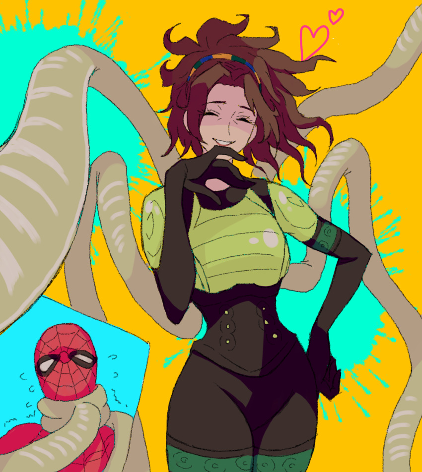 1boy 1girl ^_^ brown_hair clenched_hand closed_eyes doctor_octopus floating_hair hair_behind_ear heart highres marvel medium_hair olivia_octavius open_hand paint_splatter parted_lips smile spider-man spider-man:_into_the_spider-verse spider-man_(series) superhero sushi_pizza_rrr tentacles trembling yellow_background