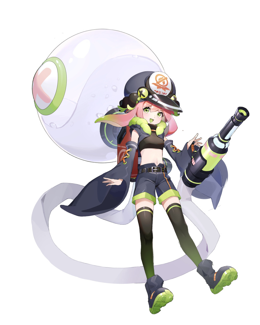 1girl absurdres bangs belt belt_buckle boots buckle crop_top detached_sleeves green_eyes hat highres looking_at_viewer muzixin0504 navel original pink_hair shorts simple_background solo tentacle_hair thigh-highs weapon white_background