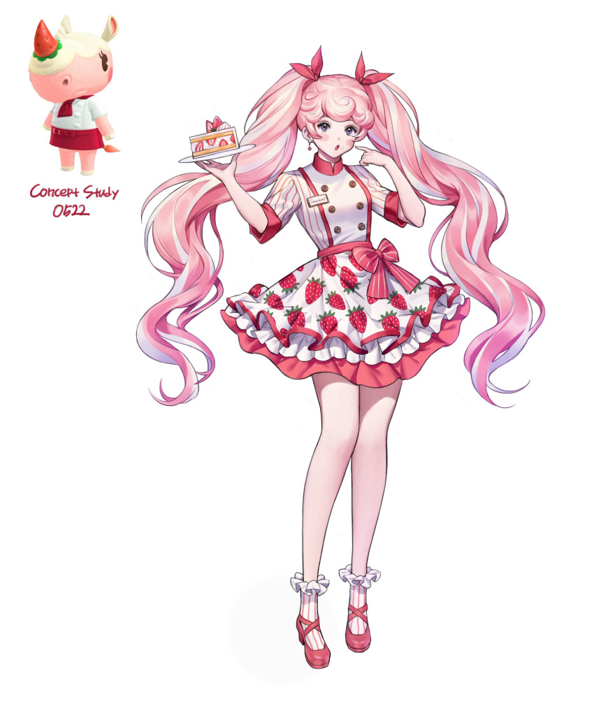 1girl bangs curly_hair dress finger_to_face food_print frills hands_up highres mandaring0 multicolored_hair open_mouth original pink_hair reference_inset shoes simple_background socks solo standing strawberry_print twintails violet_eyes white_background