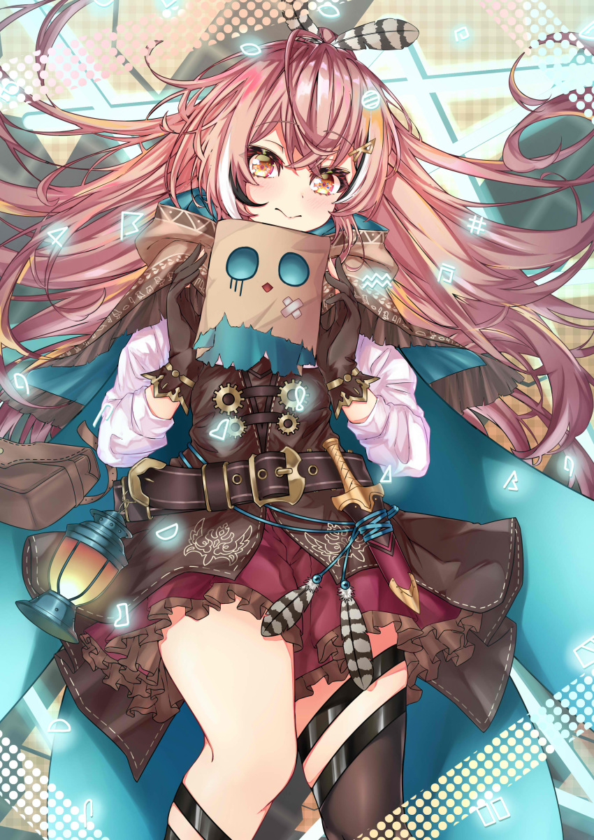 1girl absurdres ahoge asymmetrical_legwear belt brown_capelet brown_cloak brown_corset brown_eyes brown_hair capelet cloak corset dagger feather_hair_ornament feathers friend_(nanashi_mumei) gloves hair_ornament hieroglyphics highres hololive hololive_english knee_strap knife lantern long_hair looking_at_viewer lying multicolored_hair nanashi_mumei on_back partially_fingerless_gloves ponytail pouch red_skirt runes single_thighhigh skirt streaked_hair thigh-highs thigh_strap very_long_hair virtual_youtuber weapon ye_ye_(jasonbee2)