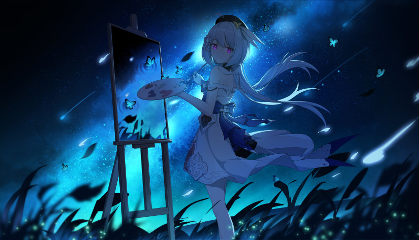 1girl bangs bare_shoulders beret blue_butterfly blue_hair blue_headwear blue_sky bug butterfly closed_mouth dress grass griseo hair_ornament hat highres holding holding_brush holding_palette honkai_(series) honkai_impact_3rd long_hair night night_sky off-shoulder_dress off_shoulder painting_(object) palette_(object) sky solo sye- violet_eyes white_dress