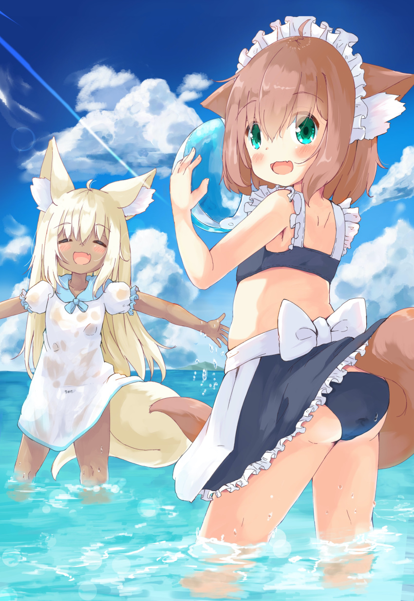 2girls absurdres animal_ear_fluff animal_ears apron arms_up ass ball beachball bikini bikini_under_clothes black_bikini black_skirt blonde_hair blush bow bow_panties brown_hair closed_eyes clothes_lift clouds dark-skinned_female dark_skin dog_ears dog_girl dog_tail dress fox_ears fox_girl fox_tail green_eyes highres lifted_by_self long_hair looking_back maid maid_headdress manabe_mana multiple_girls ocean open_mouth original outdoors outstretched_arms panties see-through short_hair short_sleeves skirt skirt_lift sky smile sundress swimsuit tail tail_lift thighs underwear wading waist_apron water wet wet_clothes wet_dress white_apron white_dress white_panties