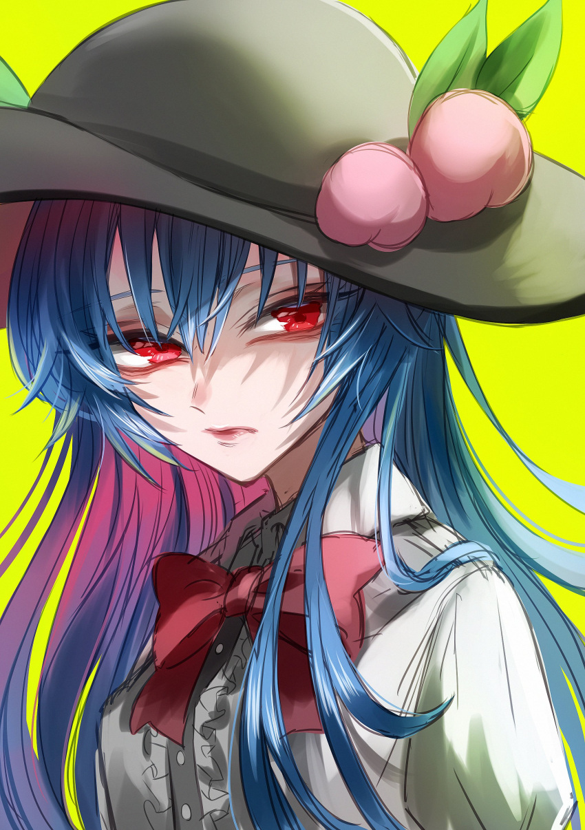 1girl absurdres bangs black_headwear blue_hair bow bowtie center_frills eyebrows_behind_hair food frills fruit hat highres hinanawi_tenshi leaf long_hair looking_at_viewer mamiru_(42105269) one-hour_drawing_challenge peach red_bow red_bowtie red_eyes simple_background solo touhou upper_body yellow_background