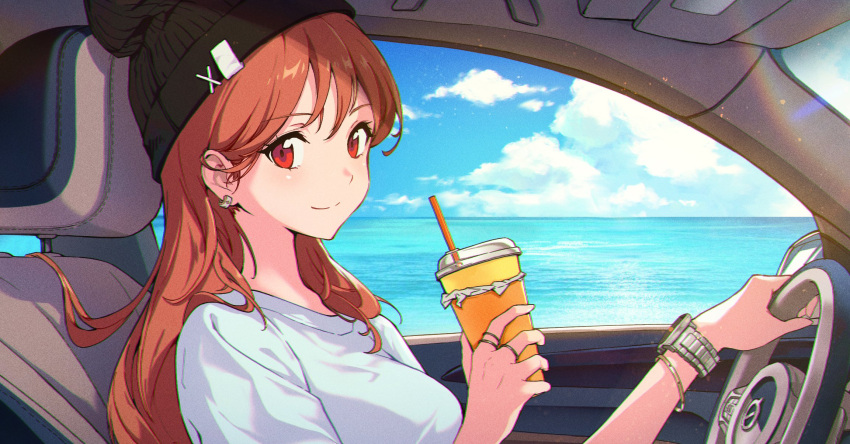 1girl beanie breasts car car_interior closed_mouth clouds cup day disposable_cup drinking_straw driving earrings eyebrows_visible_through_hair ground_vehicle hands_up hat highres holding holding_cup horizon jewelry looking_at_viewer medium_breasts minj_kim motor_vehicle ocean orange_hair original red_eyes shirt sitting sky solo steering_wheel watch watch
