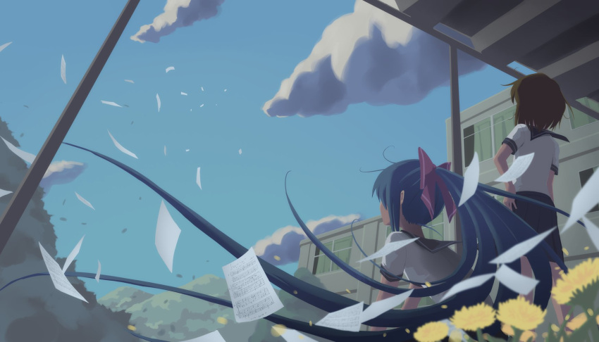 .live 2girls arm_at_side black_hair black_skirt blue_skirt blurry blurry_foreground bow brown_hair building character_request clouds cloudy_sky commentary_request day depth_of_field facing_away flower flying_paper from_behind hair_bow hand_on_hip highres long_hair messy_hair migime_kasane mountain multiple_girls outdoors paper ponytail red_bow sailor_collar school_uniform serafuku sheet_music shirt short_hair sidelocks sitting skirt sky standing virtual_youtuber white_shirt wind window yamato_iori yellow_flower