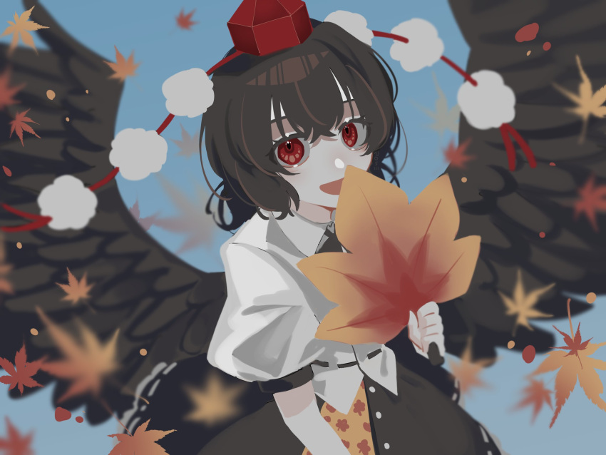 1girl :d bangs bird_wings black_hair black_skirt black_wings blue_background collared_shirt commentary eyebrows_behind_hair feathered_wings hand_fan hat hauchiwa highres holding holding_fan leaf looking_at_viewer maple_leaf medium_hair one-hour_drawing_challenge open_mouth pom_pom_(clothes) puffy_short_sleeves puffy_sleeves red_eyes red_headwear ribbon-trimmed_shirt roserose626 shameimaru_aya shirt short_sleeves simple_background skirt smile solo tokin_hat touhou upper_body white_shirt wings