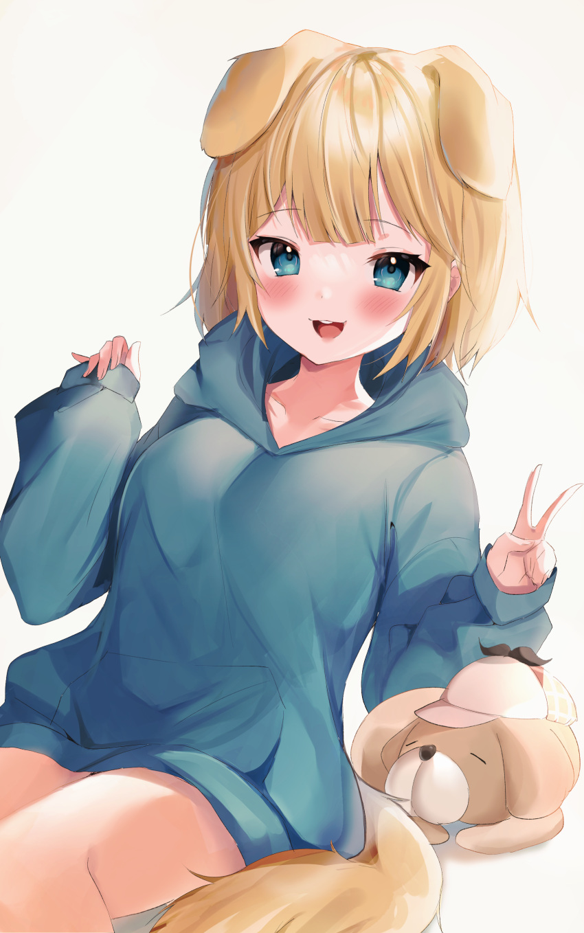 1girl :d absurdres animal animal_ears bangs blonde_hair blue_eyes blue_hoodie blush breasts bubba_(watson_amelia) collarbone commentary dog dog_ears dog_girl dog_tail eyebrows_visible_through_hair grey_background hands_up highres hololive hololive_english hood hood_down hoodie kemonomimi_mode long_sleeves looking_at_viewer maru_ccy medium_breasts puffy_long_sleeves puffy_sleeves romaji_commentary sitting sleeves_past_wrists smile tail v virtual_youtuber watson_amelia