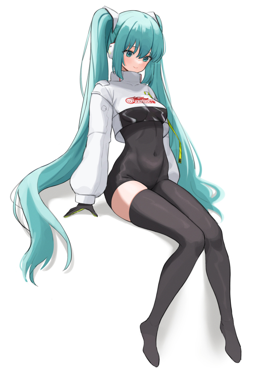 1girl absurdres aqua_eyes aqua_hair bangs black_bodysuit black_legwear bodysuit breast_curtains breasts closed_mouth commentary covered_navel erenav eyebrows_visible_through_hair full_body hair_ornament hatsune_miku highres knees_together_feet_apart long_hair long_sleeves looking_down puffy_long_sleeves puffy_sleeves racing_miku_(2022) shadow shrug_(clothing) sitting small_breasts smile solo thigh-highs twintails vocaloid