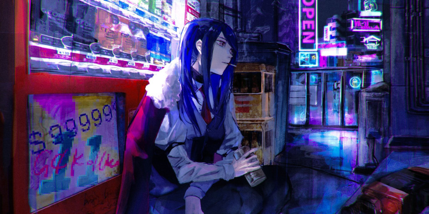 1girl alley cigarette copyright_name cyberpunk drink english_text highres jacket jacket_on_shoulders jill_stingray neon_lights night price purple_hair red_eyes smoking solo sushiwa tin_can twintails va-11_hall-a vending_machine