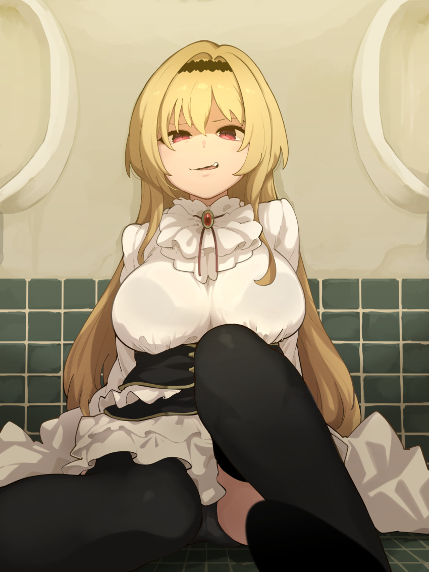 1girl bathroom black_legwear black_panties blonde_hair bra_visible_through_clothes breasts brooch commission dress fang hairband highres idolmaster idolmaster_cinderella_girls jewelry kurosaki_chitose large_breasts long_hair on_floor panties pantyshot red_eyes sitting skeb_commission solo takato_kurosuke thigh-highs underwear urinal white_dress