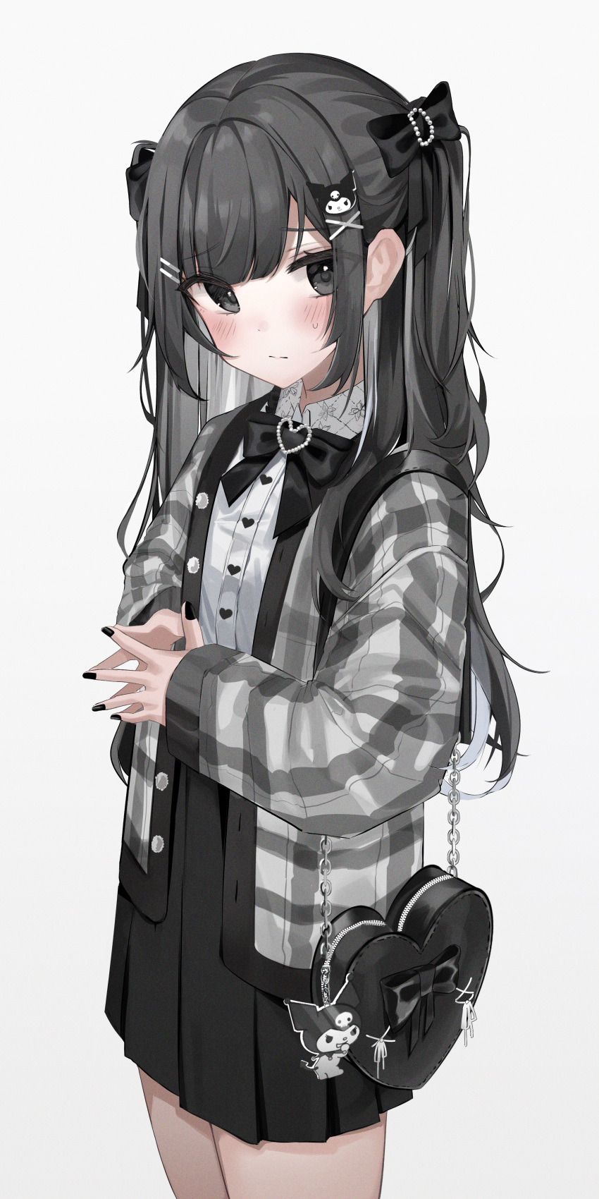 1girl absurdres bag black_bow black_hair black_nails black_skirt blush bow closed_mouth collared_shirt commentary_request dress_shirt gradient gradient_background grey_background grey_eyes hair_bow hair_ornament hairclip heart-shaped_bag highres jacket kuromi long_hair looking_at_viewer nail_polish onegai_my_melody open_clothes open_jacket original plaid plaid_jacket pleated_skirt shirt shoulder_bag skirt solo standing steepled_fingers twintails two_side_up very_long_hair white_shirt whitebc x_hair_ornament