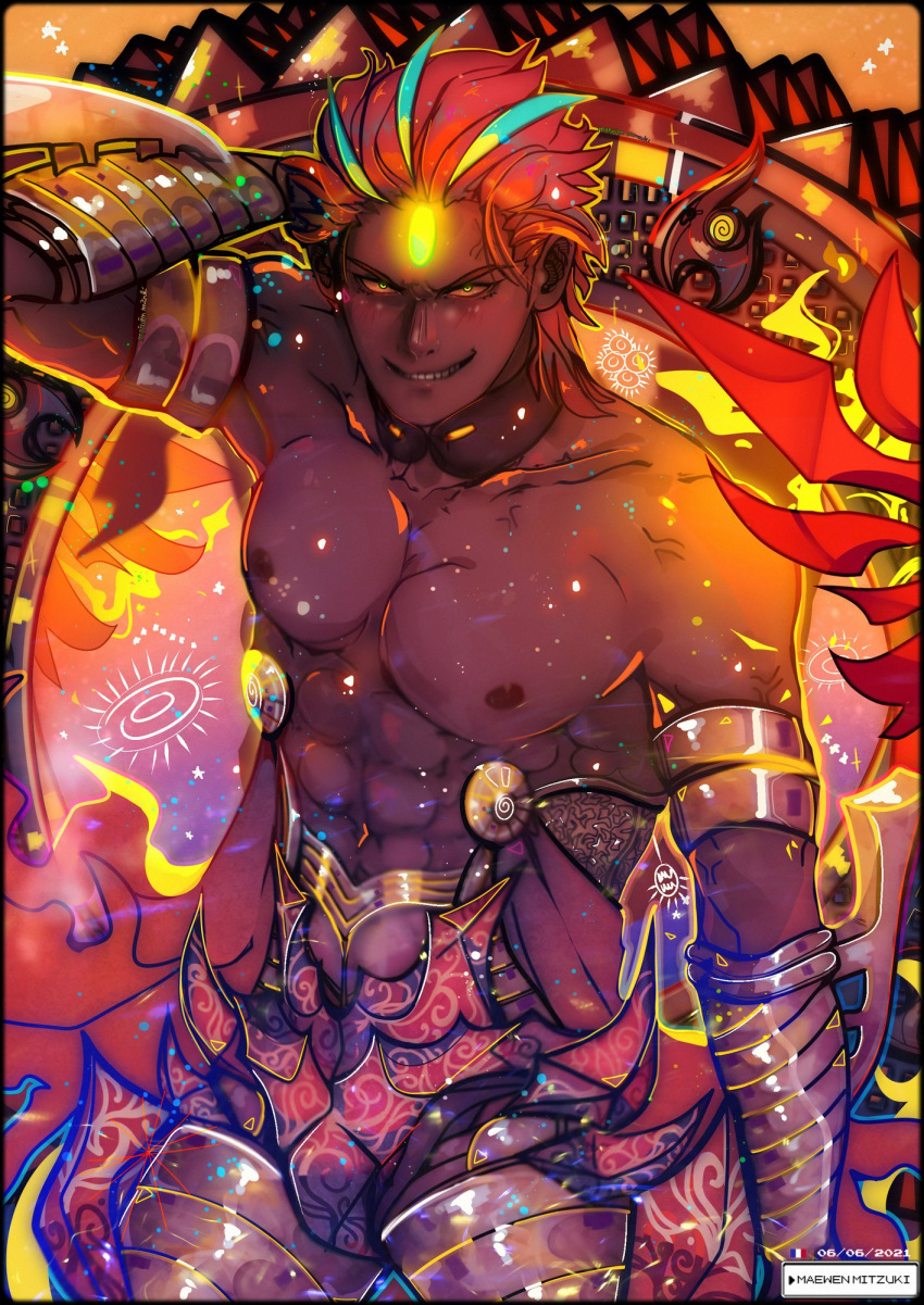 1boy abs ashwatthama_(fate) commentary_request dark-skinned_male dark_skin fate/grand_order fate_(series) highres long_hair looking_at_viewer maewenmitzuki male_focus muscular muscular_male nipples open_mouth pectorals redhead smile solo teeth yellow_eyes