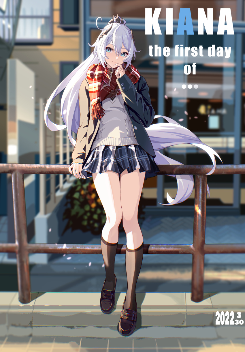 1girl absurdres against_railing bangs black_jacket black_skirt blue_eyes brown_footwear brown_legwear building character_name closed_mouth commentary_request dated day english_text eyebrows_visible_through_hair full_body grey_sweater hand_on_own_face hand_up highres honkai_(series) honkai_impact_3rd huiqian jacket kiana_kaslana kneehighs loafers long_hair long_sleeves looking_at_viewer miniskirt open_clothes open_jacket outdoors plaid plaid_scarf plaid_skirt pleated_skirt ponytail railing red_scarf scarf shoes silver_hair skirt smile solo standing sweater unbuttoned very_long_hair
