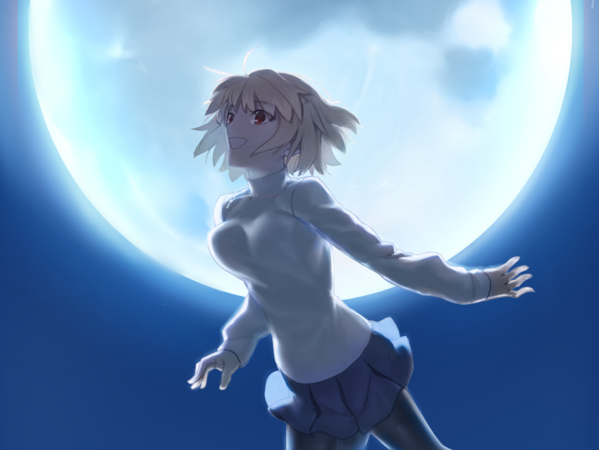 1girl absurdres antenna_hair arcueid_brunestud black_legwear blonde_hair blue_skirt breasts chain_necklace commentary_request eyebrows_visible_through_hair grin highres jewelry kizzif0012 large_breasts long_sleeves looking_up miniskirt moon necklace night night_sky pantyhose red_eyes short_hair single_hair_intake skirt sky smile solo sweater tsukihime tsukihime_(remake) turtleneck turtleneck_sweater white_sweater