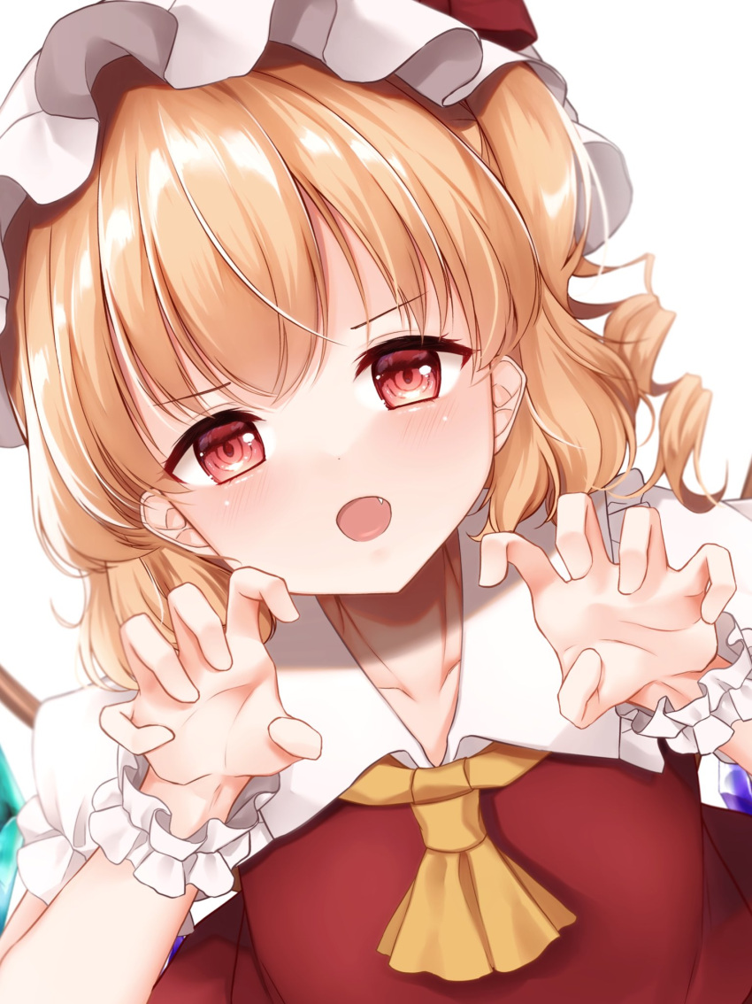 1girl ascot bangs blonde_hair blush claw_pose crystal eyebrows_visible_through_hair fang flandre_scarlet frilled_shirt_collar frills hat highres looking_at_viewer mob_cap mumu-crown one_side_up open_mouth puffy_short_sleeves puffy_sleeves red_eyes red_vest shirt short_sleeves solo touhou upper_body vest white_background white_headwear white_shirt wings wrist_cuffs