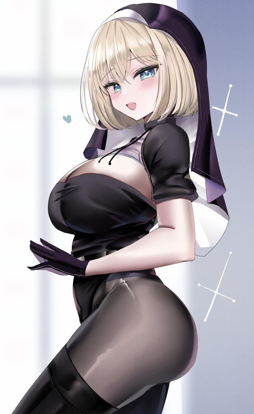 1girl absurdres bangs black_gloves black_legwear black_leotard blonde_hair blue_eyes blush bob_cut breasts commentary from_side gloves habit hanasaka_houcha highleg highleg_leotard highres large_breasts leotard looking_at_viewer nun open_mouth original own_hands_together pantyhose shiny shiny_clothes short_sleeves simple_background smile solo thigh-highs