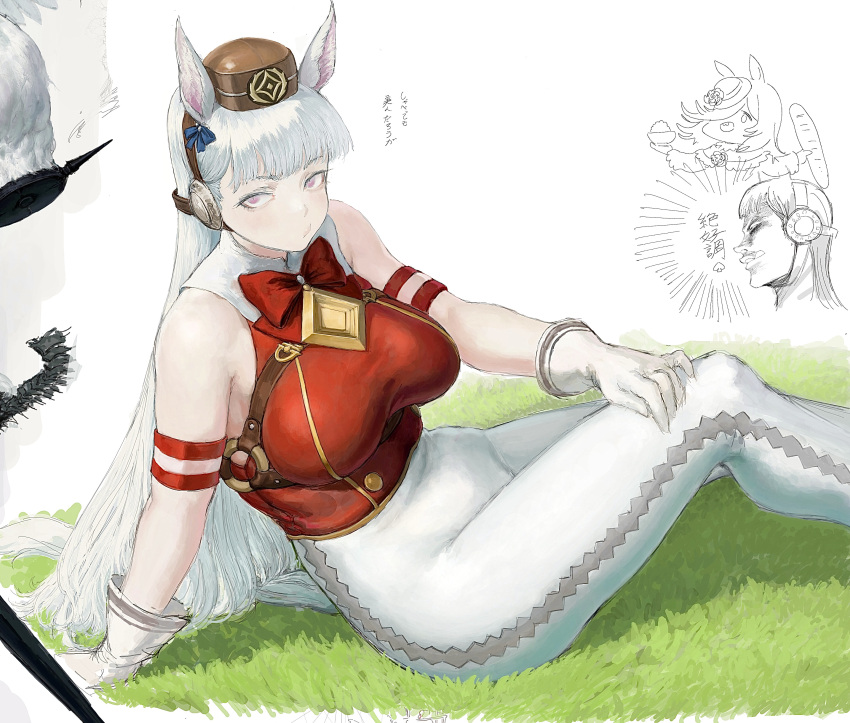 1girl absurdres animal_ears bangs blunt_bangs bow breasts feet_out_of_frame gloves gold_ship_(umamusume) grass grey_hair highres horse_ears horse_girl large_breasts long_hair pants pillbox_hat red_bow red_shirt shadow shirt sleeveless sleeveless_shirt solo tyawantyawan356 umamusume violet_eyes white_gloves white_pants