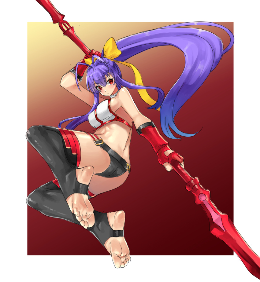 1girl antenna_hair ass backless_outfit barefoot black_panties black_pants blazblue blazblue:_central_fiction blazblue_variable_heart blue_hair border bow breasts eiji_(eiji) feet foot_focus halter_top halterneck highres holding holding_weapon large_breasts long_hair mai_natsume official_art outseal panties pants polearm red_eyes revealing_clothes smile soles spear thigh-highs toes underwear weapon white_border yellow_bow
