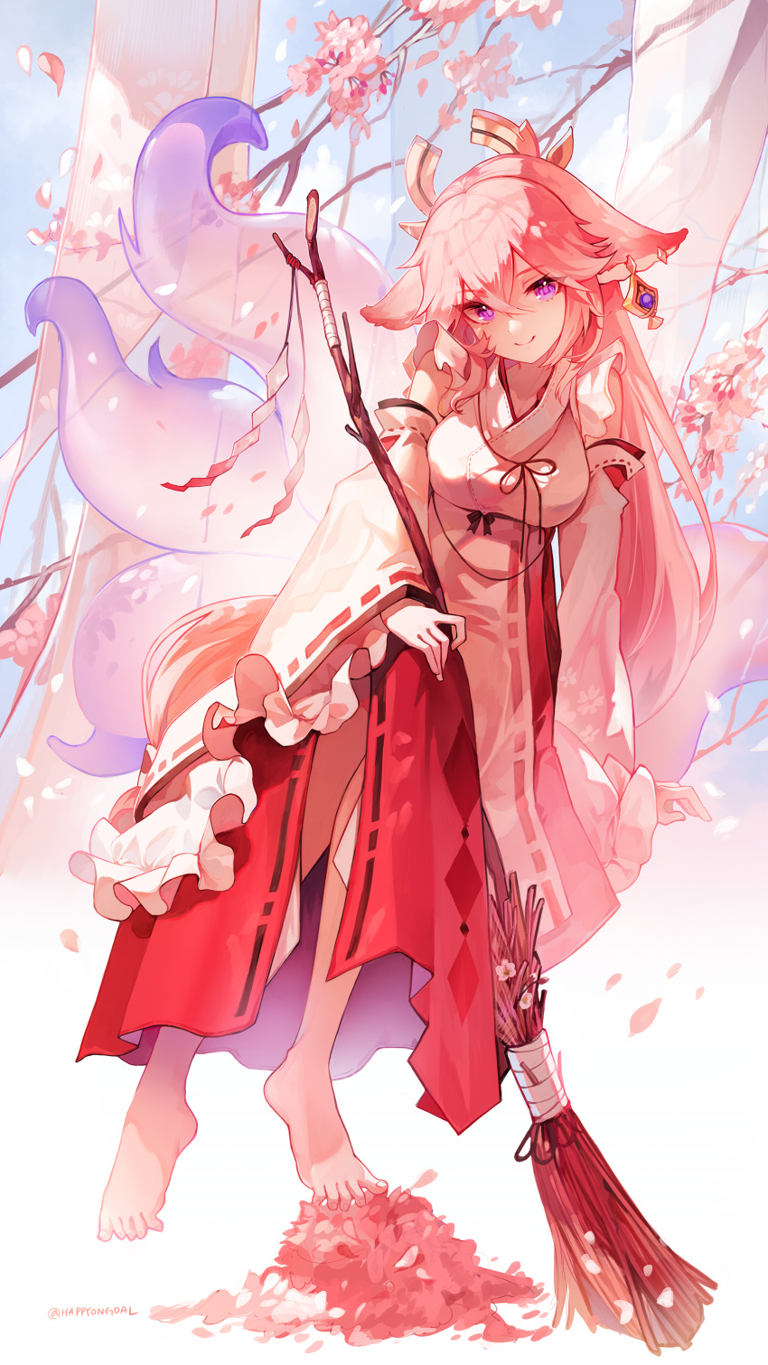 1girl absurdres animal_ears arm_at_side bangs bare_shoulders barefoot breasts broom c: cherry_blossoms commentary crossed_bangs crossed_legs day detached_sleeves earrings eyebrows_visible_through_hair falling_petals fox_ears fox_tail full_body genshin_impact hair_between_eyes hakama happyongdal highres holding holding_broom japanese_clothes jewelry long_hair looking_at_viewer medium_breasts multiple_tails petals pink_hair shide shirt smile solo sunlight symbol-only_commentary tail twitter_username violet_eyes white_shirt white_sleeves yae_miko