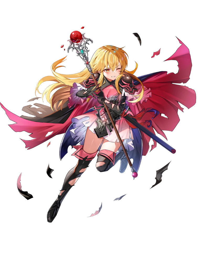 1girl armor bangs black_footwear black_gloves blonde_hair boots breasts brown_eyes cape cleavage_cutout clenched_teeth clothing_cutout elbow_gloves fire_emblem fire_emblem:_genealogy_of_the_holy_war fire_emblem_heroes full_body gloves gradient gradient_clothes highres holding lachesis_(fire_emblem) leg_up long_hair looking_away medium_breasts non-web_source official_alternate_costume official_art one_eye_closed parted_lips satoupote sheath sheathed shiny shiny_hair shoulder_armor solo staff sword teeth thigh-highs thigh_boots torn_cape torn_clothes torn_footwear transparent_background weapon zettai_ryouiki