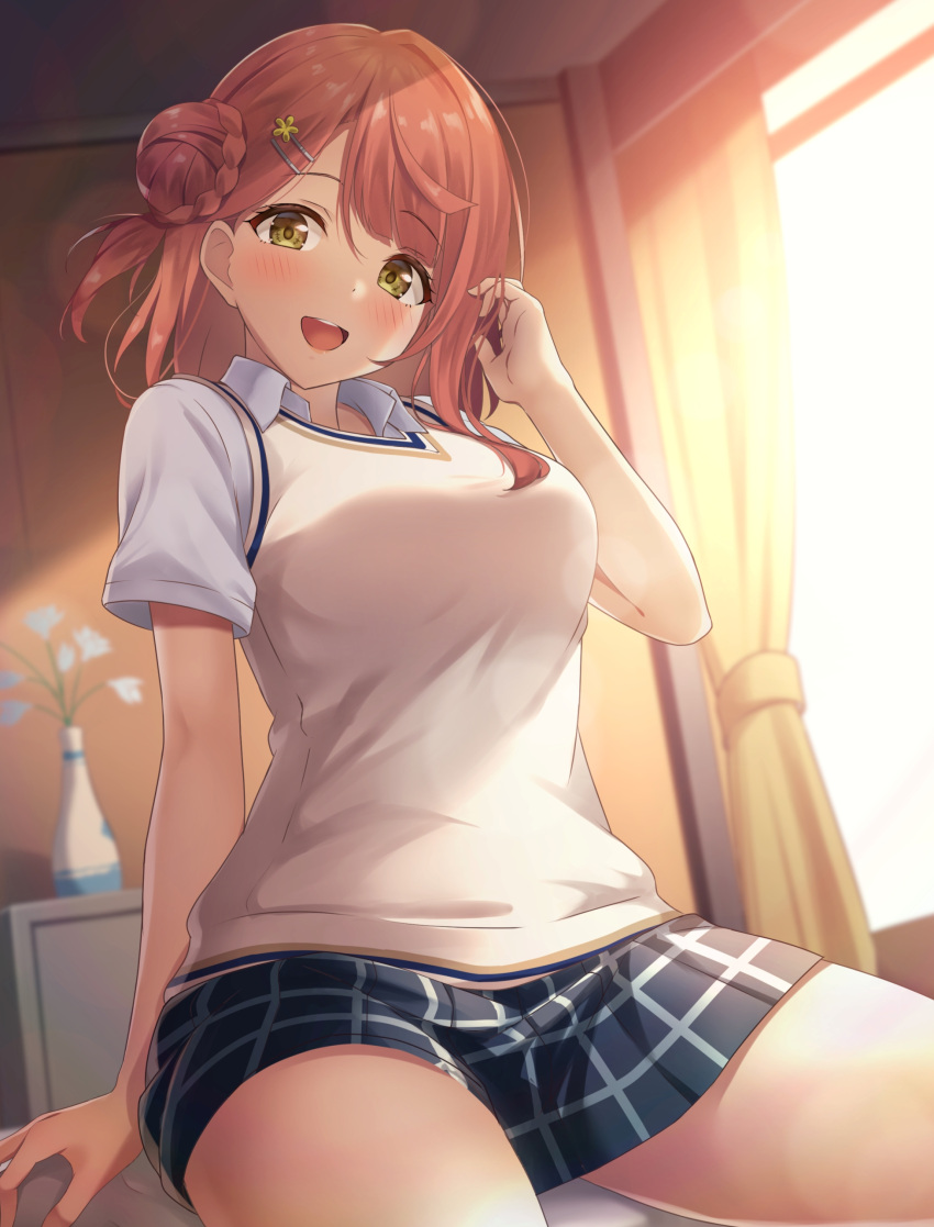 1girl absurdres bangs beige_sweater_vest black_skirt blush ceiling collared_shirt commentary_request eyebrows_visible_through_hair hair_bun hair_ornament hairclip highres indoors lens_flare long_hair looking_at_viewer love_live! love_live!_nijigasaki_high_school_idol_club oku_1225 orange_hair plaid plaid_skirt school_uniform shirt sitting skirt smile solo sunlight sweater_vest teeth thighs uehara_ayumu upper_teeth vase white_shirt window yellow_eyes