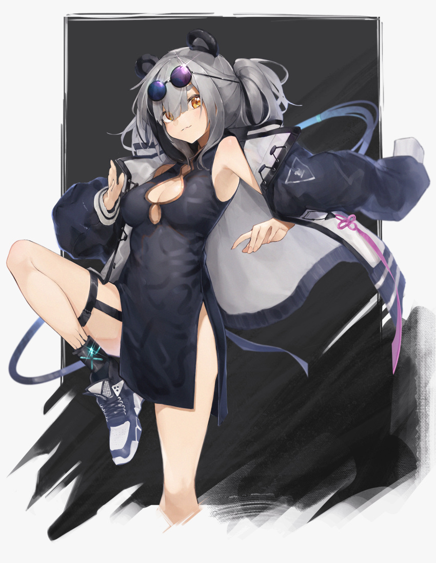 1girl absurdres animal_ears arknights bangs bare_legs bare_shoulders black_dress black_jacket china_dress chinese_clothes commentary dress eyewear_on_head feater_(arknights) highres infection_monitor_(arknights) jacket laz_(ackf3885) long_hair long_sleeves looking_at_viewer open_clothes open_jacket oripathy_lesion_(arknights) panda_ears shoes silver_hair sleeveless sleeveless_dress smile sneakers solo standing standing_on_one_leg sunglasses thigh_strap thighs twintails yellow_eyes