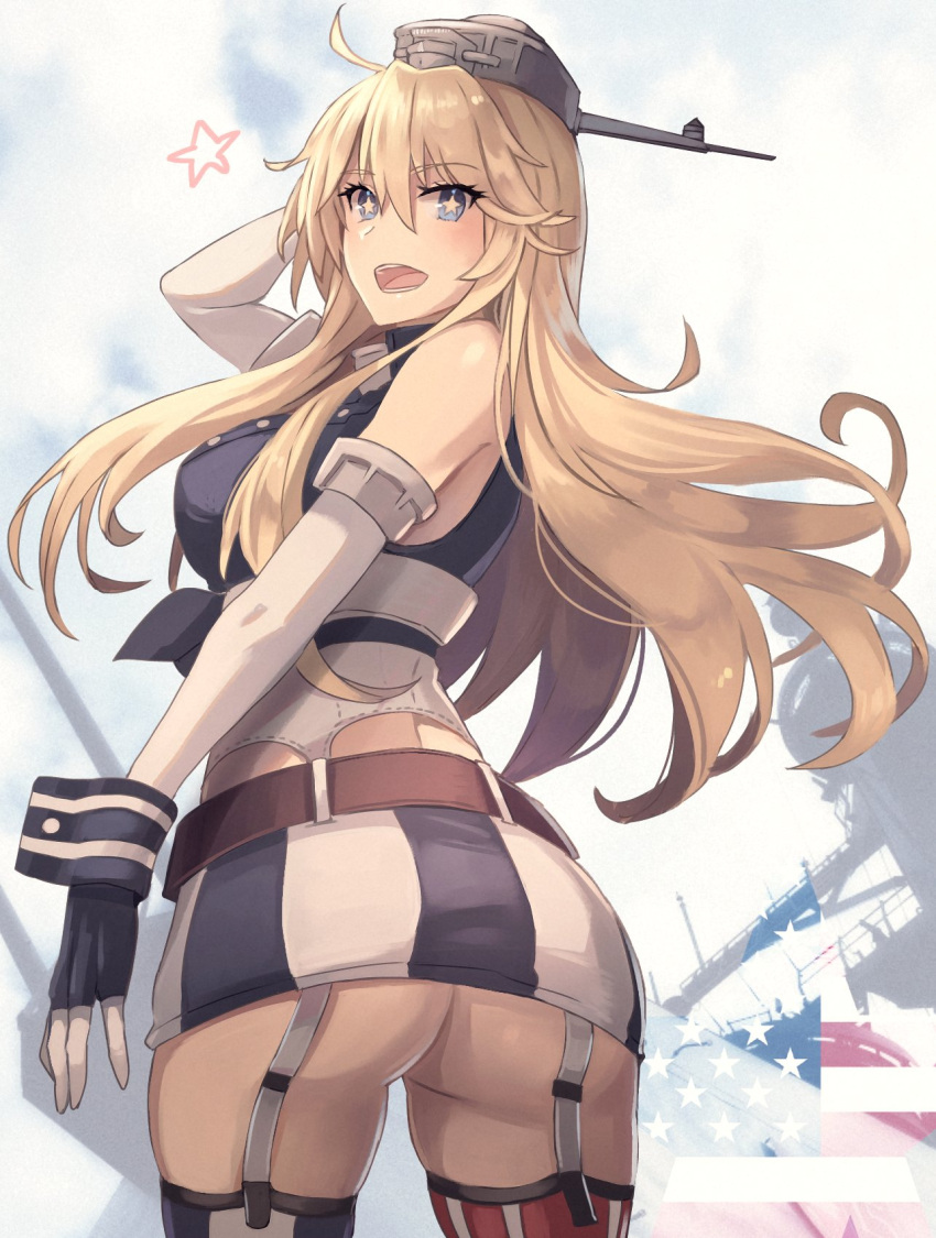 1girl american_flag_legwear arm_up ass blonde_hair breasts elbow_gloves from_behind front-tie_top garter_straps gloves headgear highres iowa_(kancolle) kantai_collection kasumi_(skchkko) large_breasts long_hair looking_at_viewer looking_back miniskirt open_mouth shirt skirt solo star-shaped_pupils star_(symbol) striped striped_skirt symbol-shaped_pupils thigh-highs tied_shirt vertical-striped_skirt vertical_stripes