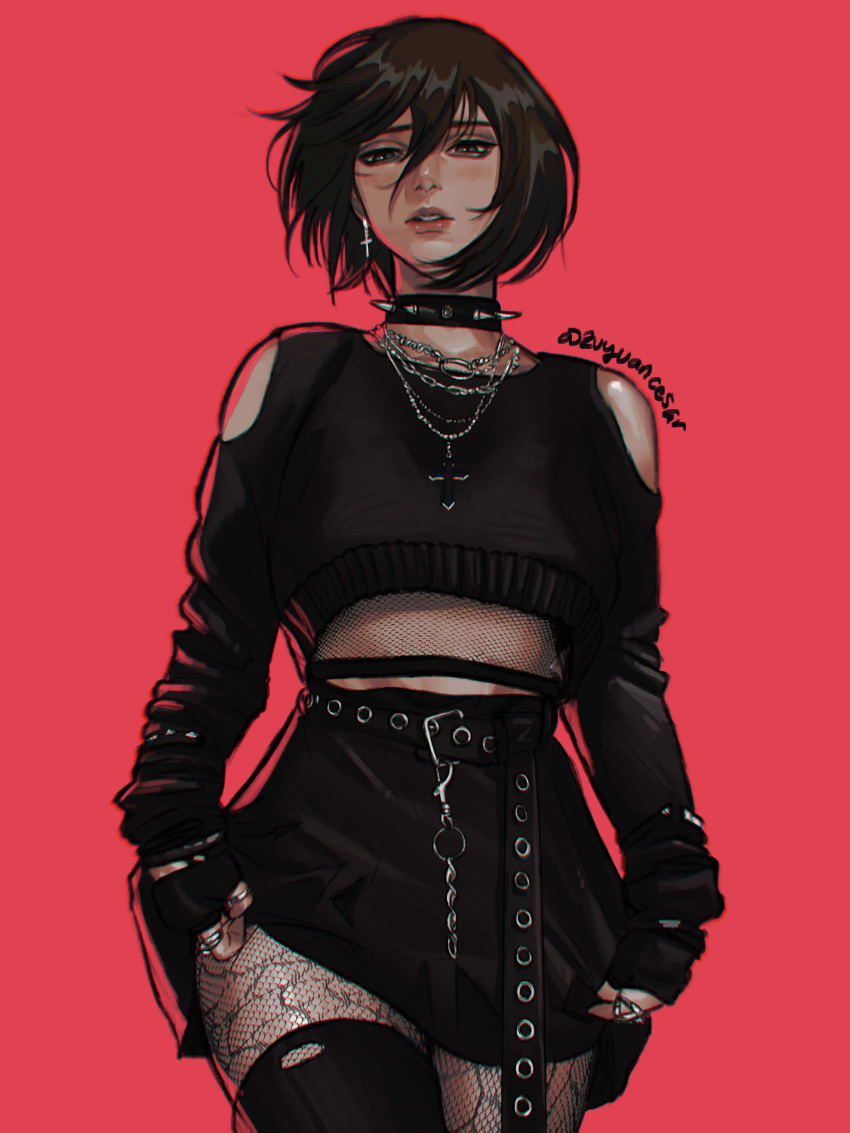 1girl absurdres artist_name bangs belt black_clothes black_collar black_hair black_skirt black_sweater clothing_cutout collar cowboy_shot crop_top cross cross_earrings cross_necklace earrings fingerless_gloves fishnet_legwear fishnets gloves gothic hair_between_eyes highres jewelry looking_at_viewer mikasa_ackerman miniskirt multiple_rings necklace parted_lips red_background ring scar scar_on_cheek scar_on_face shingeki_no_kyojin short_hair shoulder_cutout skirt spiked_collar spikes sweater thigh-highs zu_yuan_cesar