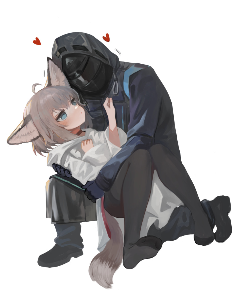 1girl 1other animal_ear_fluff animal_ears arknights bangs black_footwear black_jacket black_legwear black_pants blue_eyes blush closed_mouth commentary doctor_(arknights) dokomon eyebrows_visible_through_hair fox_ears fox_girl fox_tail grey_hair hair_between_eyes hand_up heart highres hood hood_up hooded_jacket jacket long_sleeves no_shoes pants pantyhose shoes simple_background sussurro_(arknights) symbol-only_commentary tail white_background white_jacket wide_sleeves