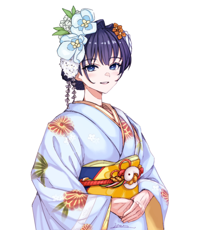 1girl blue_eyes blue_hair blue_kimono blush commentary deokchun eyebrows_visible_through_hair floral_print flower hair_flower hair_intakes hair_ornament highres hololive hololive_english japanese_clothes kimono looking_at_viewer obi obiage obijime official_alternate_costume ouro_kronii own_hands_together parted_lips sash short_hair signature simple_background smile solo symbol-only_commentary tied_hair upper_body virtual_youtuber white_background wide_sleeves