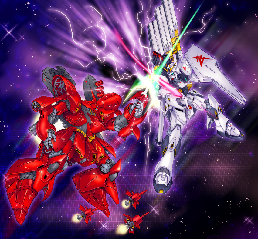 1980s_(style) anaheim_electronics battle beam_saber char's_counterattack drone duel electricity energy funnels gundam highres john_r mecha mobile_suit neo_zeon nightingale nu_gundam retro_artstyle robot roundel science_fiction shield space starry_background thrusters zero_gravity