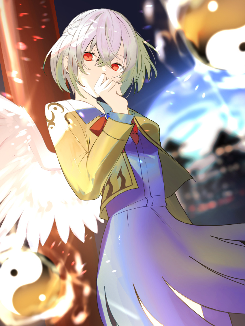 1girl absurdres arm_at_side blurry blurry_background bow bowtie brooch building commentary covering_mouth cowboy_shot dress eyebrows_behind_hair feathered_wings hair_between_eyes hand_to_own_mouth hand_up highres ikasoba jacket jewelry kishin_sagume long_sleeves looking_at_viewer open_clothes open_jacket orb pillar purple_dress red_bow red_bowtie red_eyes short_hair silver_hair single_wing solo touhou white_wings wings yellow_jacket yin_yang yin_yang_orb