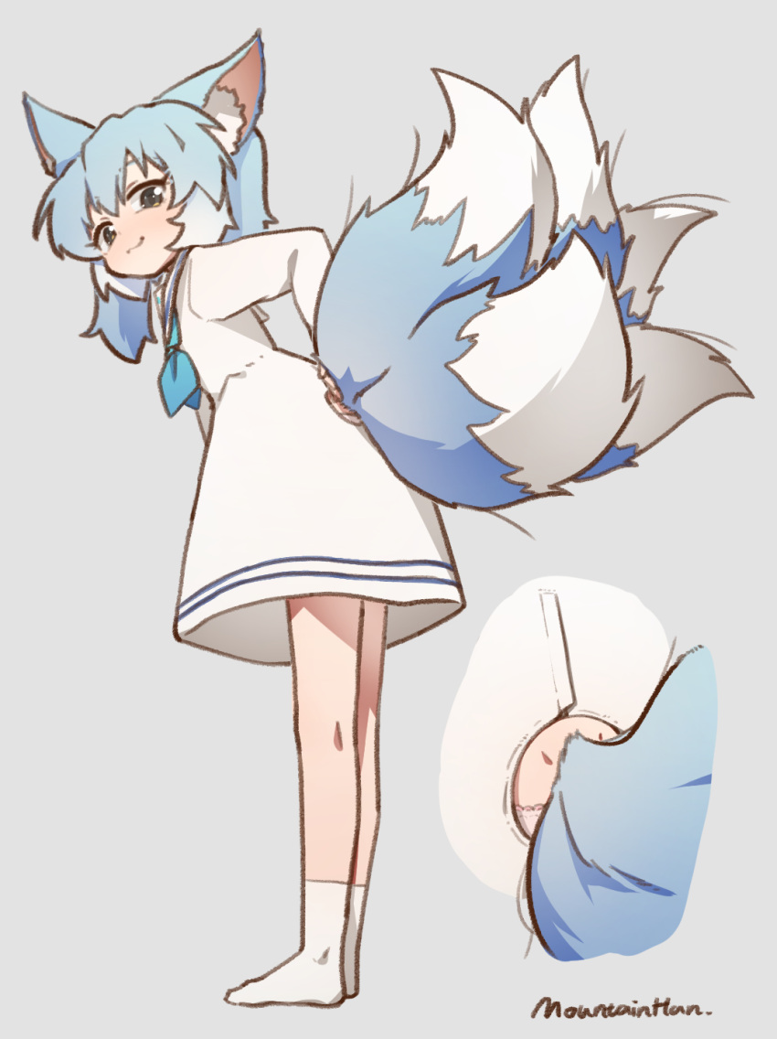 1girl :3 ah_zhong_(mountain_han) animal_ear_fluff animal_ears black_eyes blue_hair blue_neckerchief chinese_text dimples_of_venus dress fox_ears fox_tail grey_background highres looking_at_viewer mountain_han multiple_tails neckerchief original panties panty_peek sailor_collar sailor_dress signature simple_background smile smug solo standing tail tail_through_clothes translation_request underwear white_dress white_sailor_collar