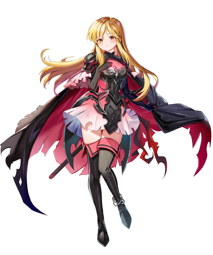 1girl armor bangs black_footwear black_gloves blonde_hair blush boots breasts brown_eyes cape cleavage_cutout closed_mouth clothing_cutout elbow_gloves fire_emblem fire_emblem:_genealogy_of_the_holy_war fire_emblem_heroes full_body gloves gradient gradient_clothes hand_on_own_chest highres lachesis_(fire_emblem) long_hair looking_at_viewer medium_breasts non-web_source official_alternate_costume official_art satoupote sheath sheathed shiny shiny_hair shoulder_armor smile solo sword thigh-highs thigh_boots torn_cape torn_clothes weapon zettai_ryouiki