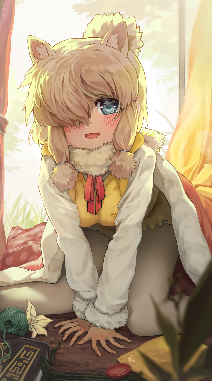 1girl :d absurdres alpaca_ears alpaca_suri_(kemono_friends) animal_ear_fluff animal_ears arm_support backlighting bangs blonde_hair blue_eyes blush breast_pocket curtains day eyebrows_visible_through_hair fur_collar fur_trim hair_bun hair_over_one_eye highres indoors kemono_friends long_sleeves looking_at_viewer melaton neck_ribbon open_mouth pantyhose pocket ribbon shirt sidelocks sitting smile solo v_arms white_legwear white_shirt window