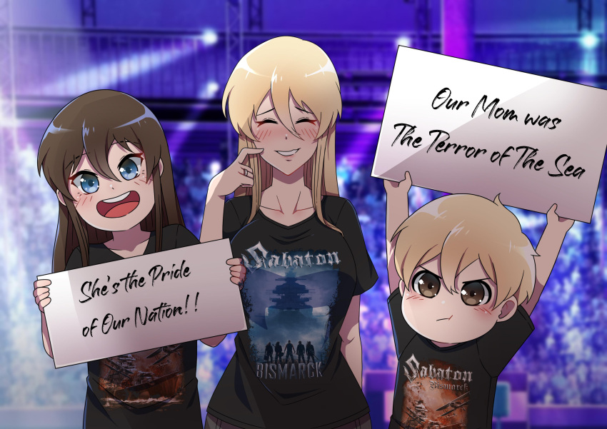 1boy 2girls absurdres azur_lane bismarck_(azur_lane) black_shirt blonde_hair blue_eyes brown_hair commander_cool commentary concert english_text eyebrows_visible_through_hair hair_between_eyes highres holding holding_sign jewelry long_hair long_neck mother_and_daughter mother_and_son multiple_girls photo_background pout ring sabaton_(band) shirt short_hair short_sleeves siblings sign teeth upper_teeth wedding_band